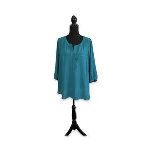 NYDJ 3/4 Sleeve Popover Blouse Pleat Back Teal Sz 1X